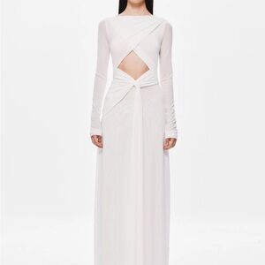 Long-Sleeve White Cutout Maxi Dress with Knot Detail